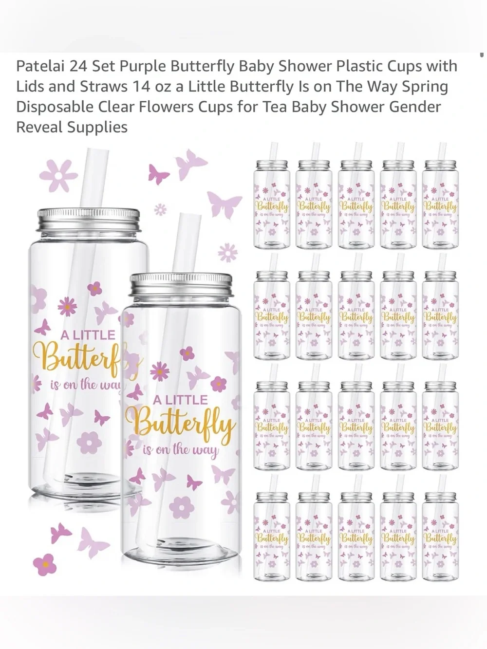 Girls baby shower favors Floral Butterfly plastic cups with lids & straws 23 NWT